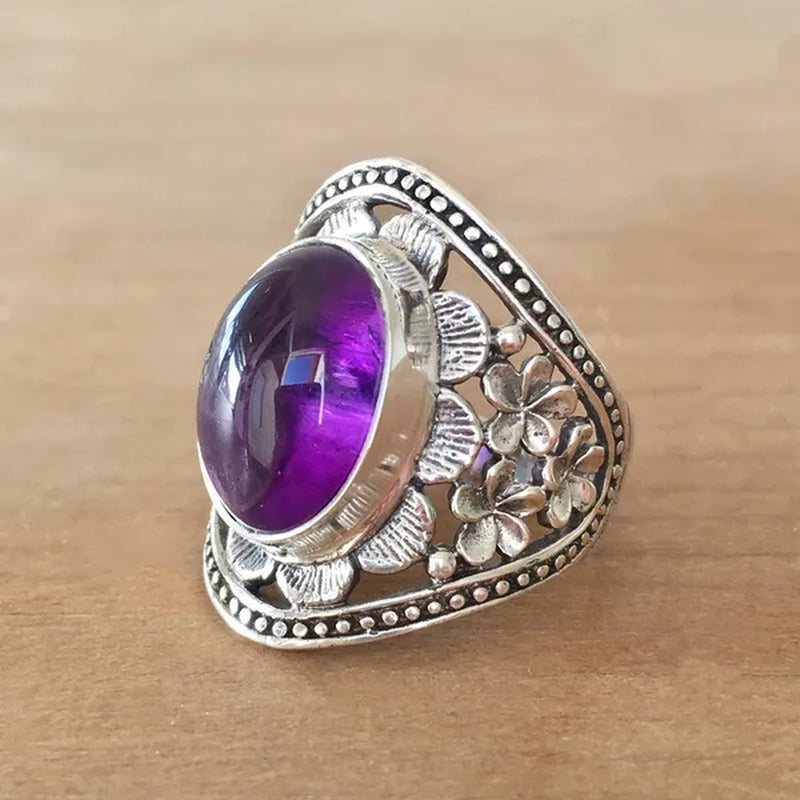 Exquisite Woman Fashion Vintage Wide Edge Engraved Flower Ring Natural Amethyst Gemstone Ring Engagement Party Bride Wedding High Jewelry Christmas Valentine'S Day Gift Ring Size US4-12