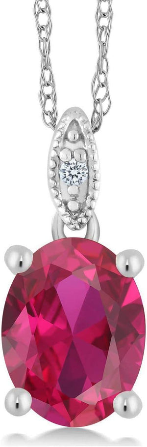 10K White Gold Red Created Ruby and White Diamond Pendant Necklace for Women (2.00 Cttw, Oval 9X7MM, with 18 Inch Chain)