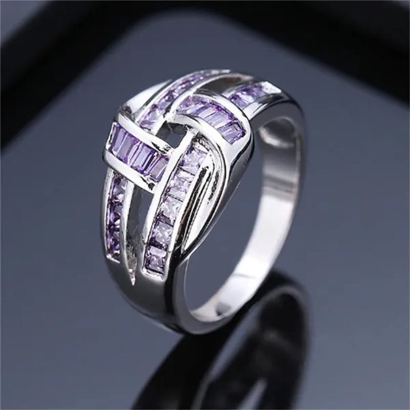 Princess Silvering Purple Amethyst Gemstone Birthstone Wedding Engagement Heart Ring