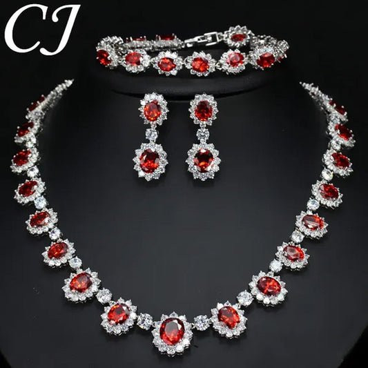 CANDICE Elegant Red Wedding Jewelry Set Micro CZ Stone Paved Oval Crystal Drop Earrings Bracelet and Necklace Sets for Bride