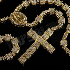 Men'S 14K Gold CZ Iced Simulated Diamonds ROSARY SQUARE Jesus Cross Pendant 30" Chain Necklace