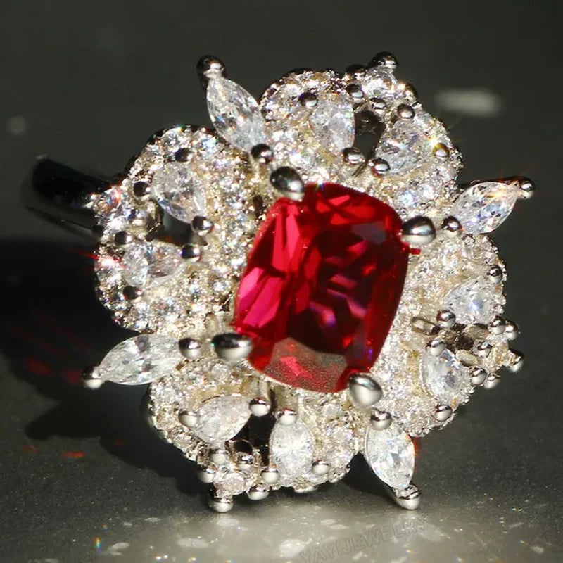 Gorgeous  Silver Natural Gemstones White Sapphire & Ruby Ring Wedding Birthstone Bride Engagement Multilevel Square Ring Jewelry Size 6 7 8 9 10