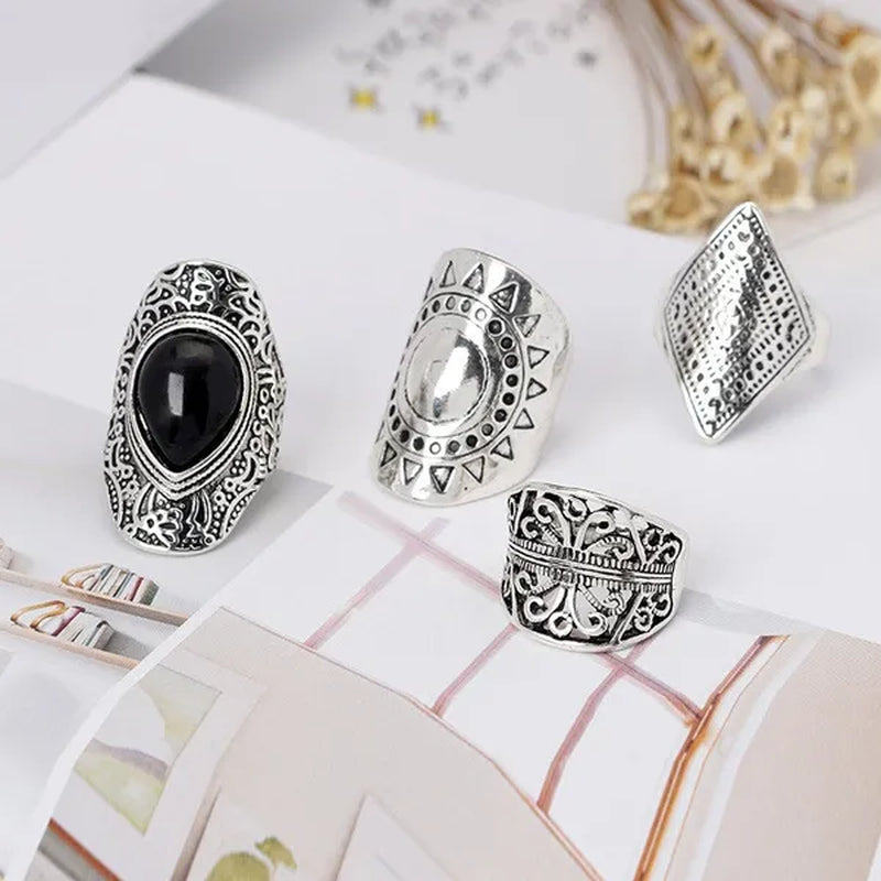 4Pcs/Set Vintage Silver Gypsy Boho Ethnic Ring Hollow Carved Gem Diamond Women  Rings - WORLD TIME VISITS