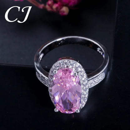 CANDICE Fashion Women Sterling Silver Plated Jewelry Sets for Girls Lovely Oval Pink CZ Stone Party Necklace Earrings Ring Set（Us 7-9)