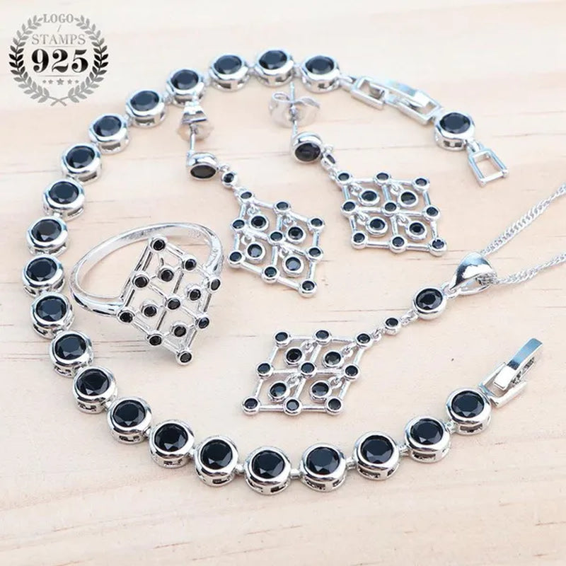 925 Silver Zircon Bridal Jewelry Set For Women Bracelet Earrings Pendant Necklace Rings
