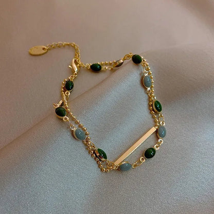 Blue Green Color Crystal Charm Bracelets for Women Gold Color Beaded Chain Double Layered Adjustable Bracelet Accessories