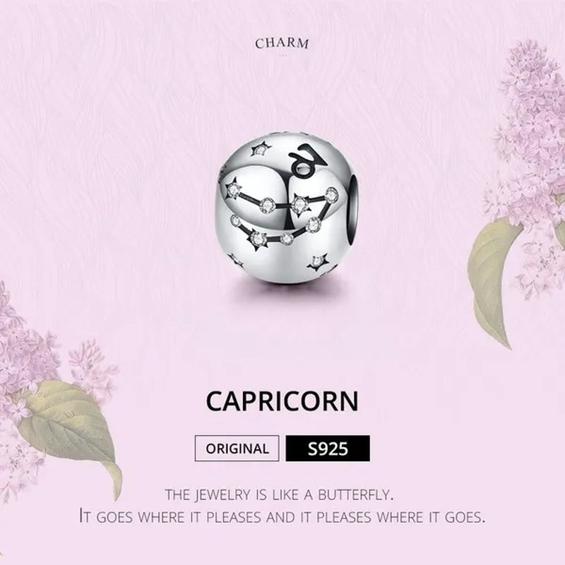 European Hot 12 Constellation Zodiac Round 925 Sterling Silver Beads Charm for Women Bracelet  Shining CZ Charm Fit Original Bangle Necklace DIY Jewelry Making
