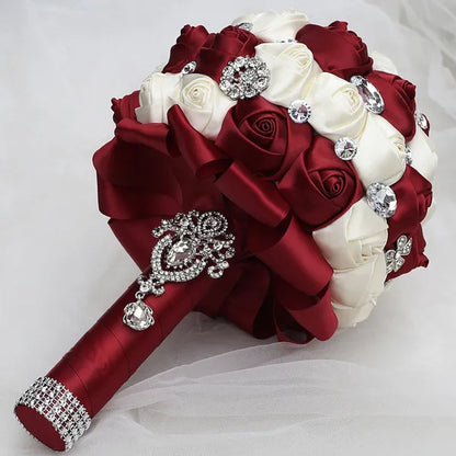 20CM Satin Ribbon Rhinestone Simulation Flowers Bridal Bouquet Handmade Diamond Brooch Wedding Bouquet Bridesmaid Holding Flowers
