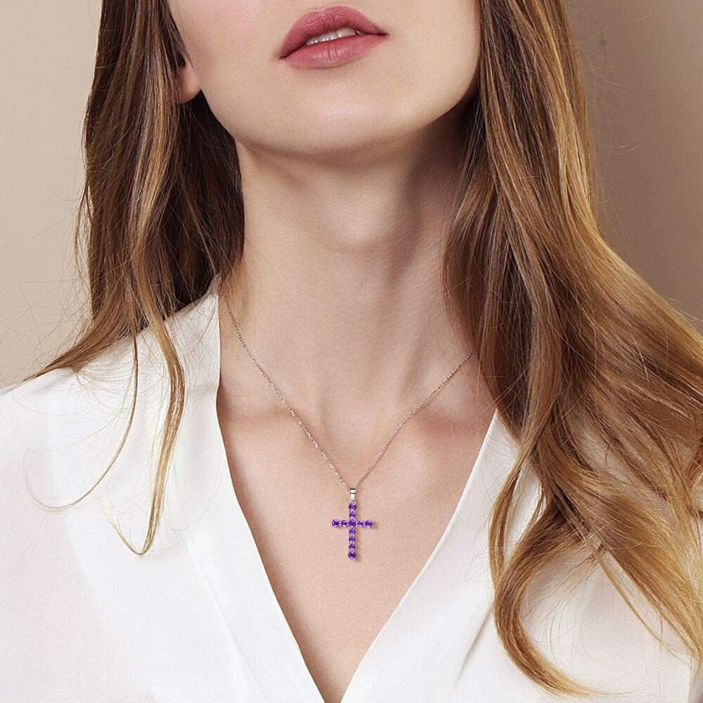 Gemstone Cross Necklace 925 Sterling Silver Created Birthstone Cross Prong Pendant Necklace Faithful Gift Ideas Fine Jewelry for Her Girlfriend Women Girls, 16" + 2" Extender