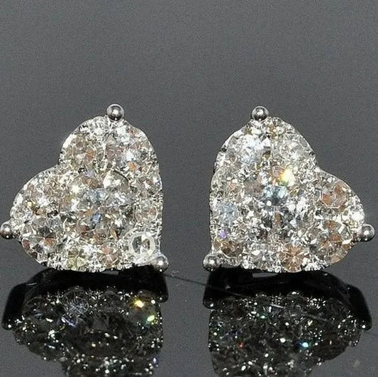 Exquisite Fashion Crystal Full Diamond Stud Earrings Love Heart Shape Cut Ear Studs 925 Sterling Silver Stud Earrings for Women Bride Wedding Engagement Jewelry Gifts