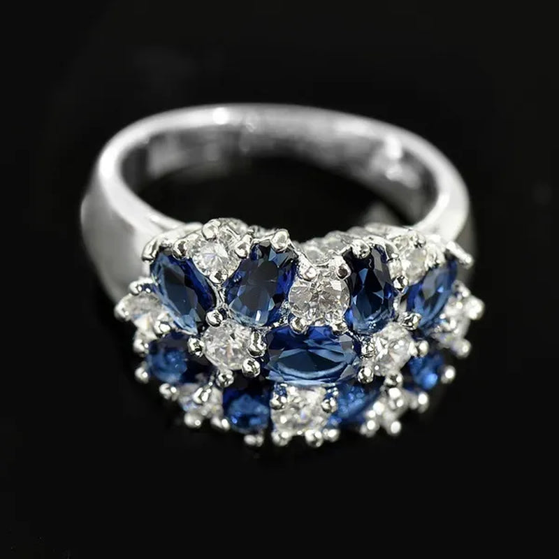 Fashion women 925 sterling  silver sapphire & white topaz gemstones Rings Size 6 7 8 9 10