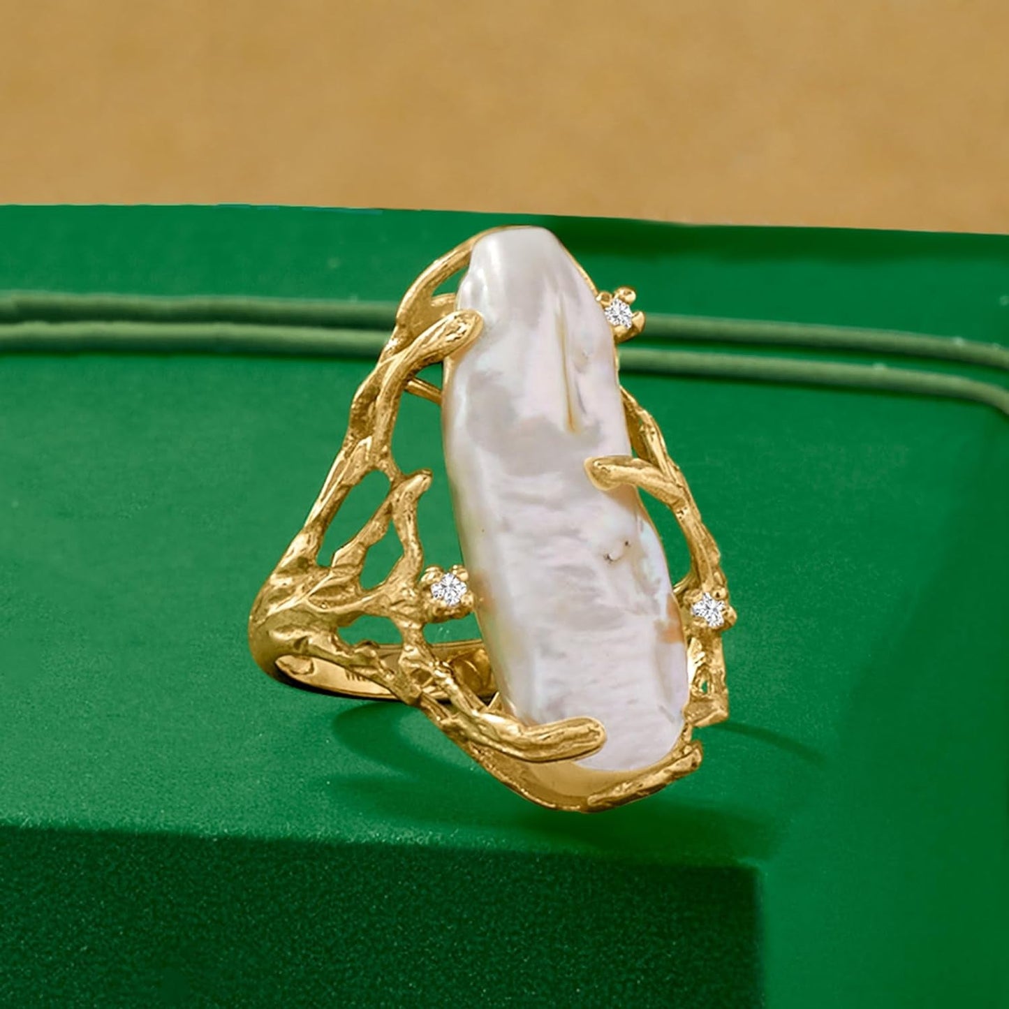 10X24Mm Cultured Baroque Pearl Ring with Diamond Accents in 14Kt Yellow Gold