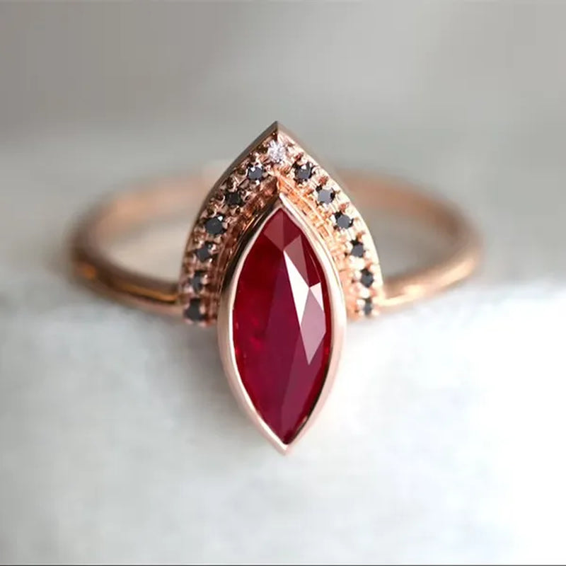 Unique Natural Rhombus 2 in 1 Ruby Engagement Ring Marquise Bridal Wedding Ring with Black Diamonds Women Ruby Ring Diamond Fine Jewelry Set （Size 5-11）
