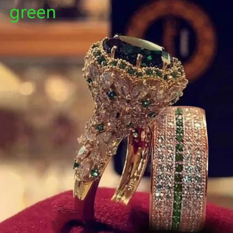 2Pcs/Set Elegant Beautiful Woman Fashion Antique Art Deco Jewelry Exquisite Birthstone Charming Noble Bride Engagement Wedding Luxury Jewelry Girlfriend Valentine'S Day Christmas Anniversary Gift Brand Ring Jewelry Size US4-12 Bague Femme