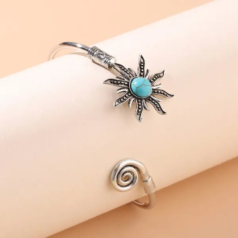 1 Pc Bohemian Turquoise Sunflower Bracelets Creative Sun Pattern Opening Bangle For Women Vintage Party Jewelry