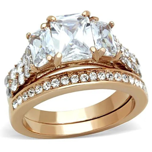 Women's Stainless Steel 316 Rose Gold Emerald Cut Zirconia Wedding Ring Set Size 5-10
