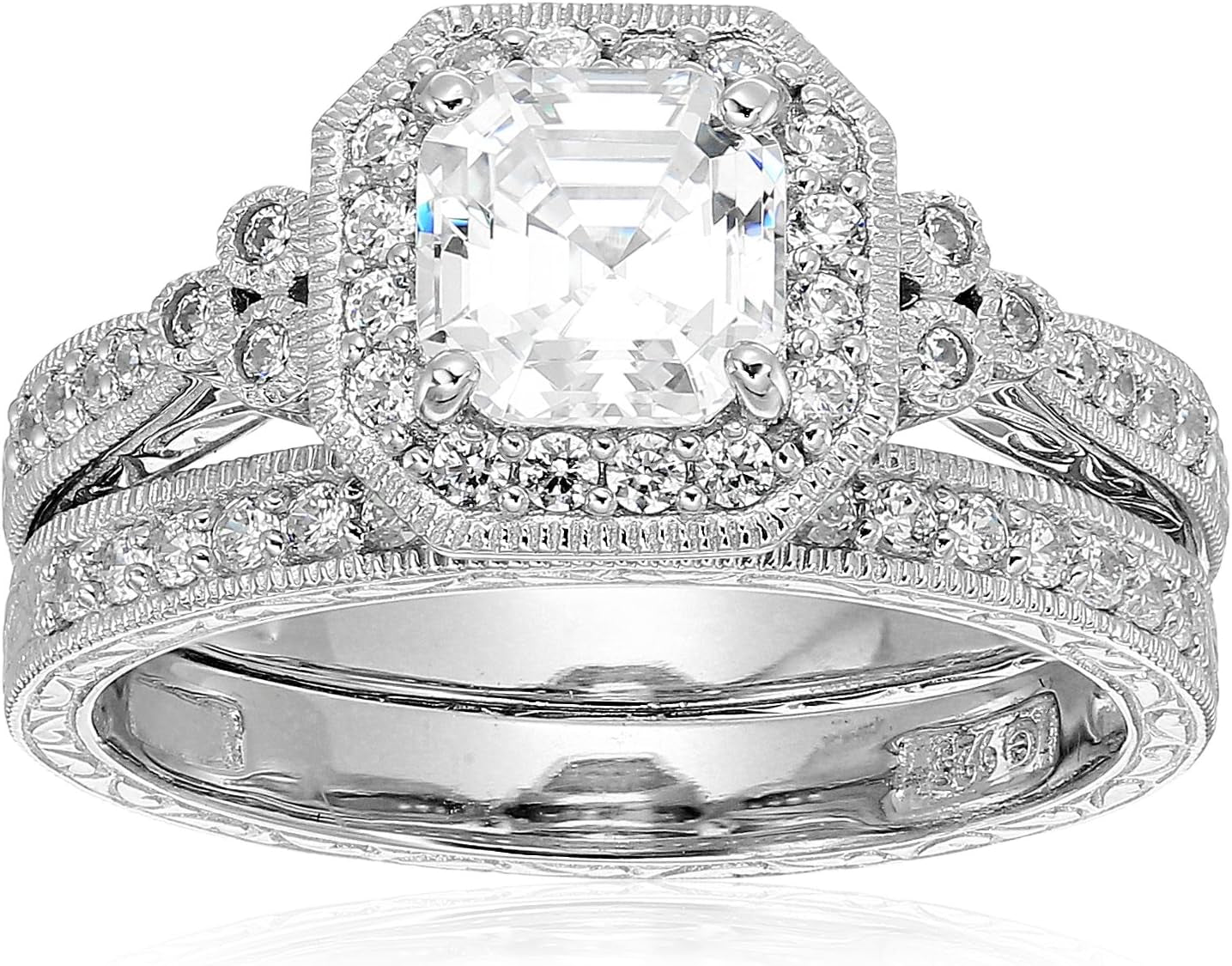 Platinum or Gold Plated Sterling Silver Antique Ring Set with Asscher-Cut Infinite Elements Cubic Zirconia (Previously Amazon Collection)
