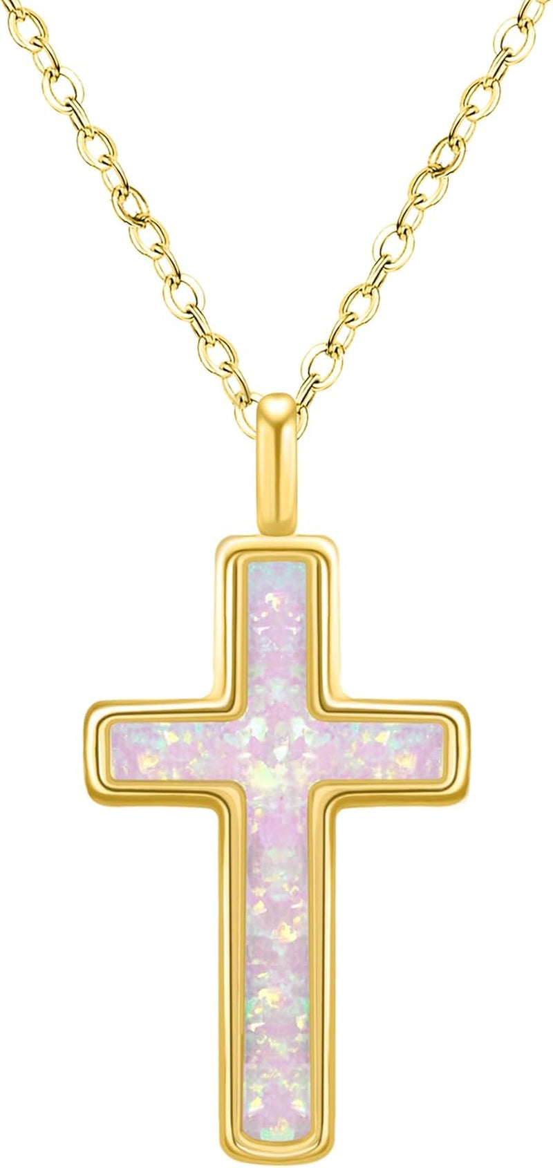S925 Opal Cross Necklace for Women, Sterling Silver Opal Gemstone Womens Cross Necklaces, Cross Pendant with 5A Cubic Zirconia, Women'S October Birthstone Jewelry Gifts for Birthday, Anniversary, Christmas