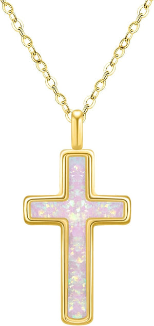 S925 Opal Cross Necklace for Women, Sterling Silver Opal Gemstone Womens Cross Necklaces, Cross Pendant with 5A Cubic Zirconia, Women'S October Birthstone Jewelry Gifts for Birthday, Anniversary, Christmas