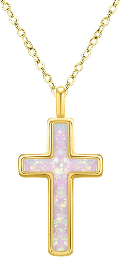 S925 Opal Cross Necklace for Women, Sterling Silver Opal Gemstone Womens Cross Necklaces, Cross Pendant with 5A Cubic Zirconia, Women'S October Birthstone Jewelry Gifts for Birthday, Anniversary, Christmas