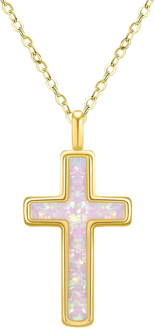 S925 Opal Cross Necklace for Women, Sterling Silver Opal Gemstone Womens Cross Necklaces, Cross Pendant with 5A Cubic Zirconia, Women'S October Birthstone Jewelry Gifts for Birthday, Anniversary, Christmas