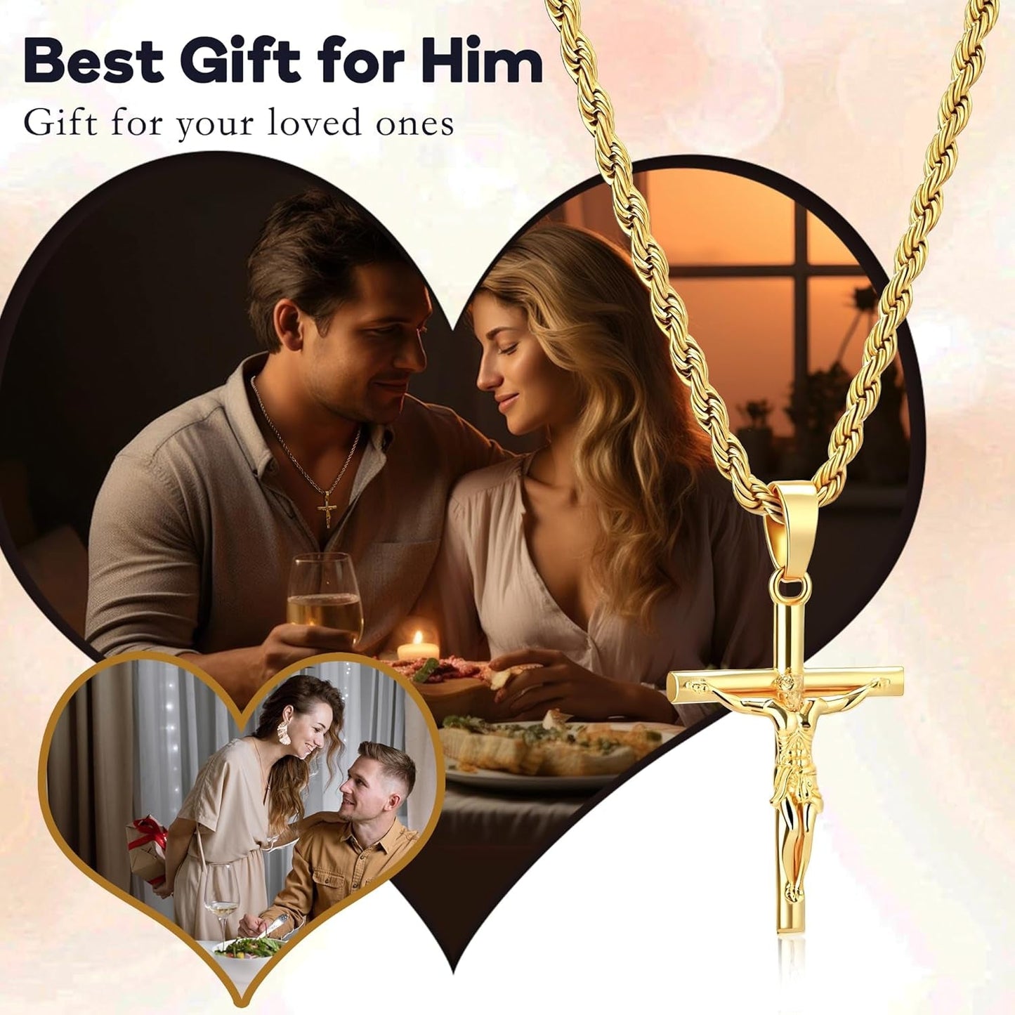 Mens Cross Necklace - Gold/Silver Chain, 18K Gold Plated Crucifix Pendant, Jewelry Gift for Him