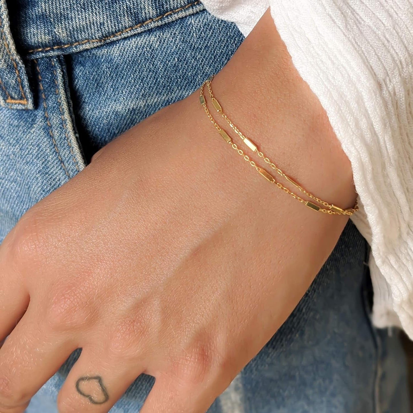 Double-Stranded Gold Bracelet, Length 6.5-7.5 Inches, Thin Satellite Chain Layer Bracelets for Women, Tarnish-Resistant, Minimalist Arm Jewelry, Handmade Gift for Her (Tubes Chain)