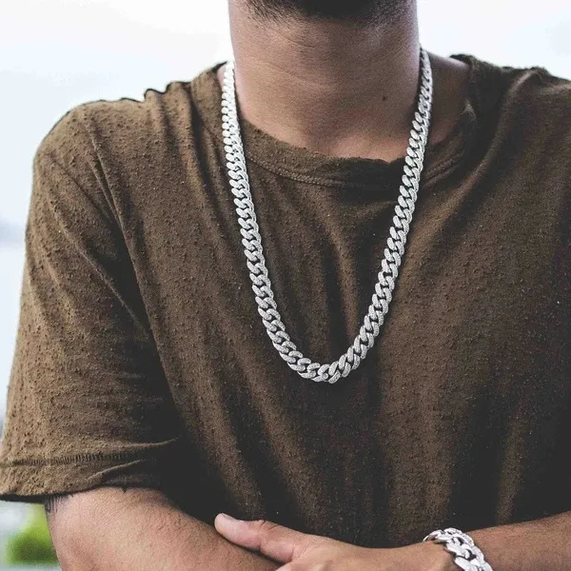 13MM  24K Gold/925 Silver Iced Out BlingBling Diamond Cuban Link Chain Miami Choker Necklace Bracelet Jewelry Set for Fashion Men and Women Hip Hop Jewelry - WORLD TIME VISITS