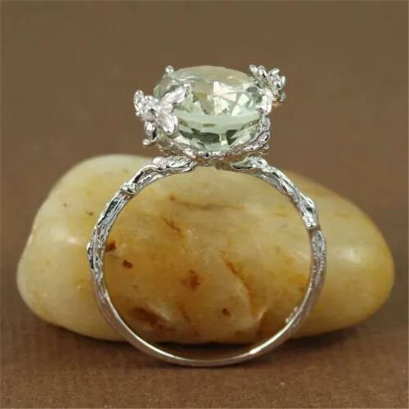 Fashion Round Cut Green Amethyst & White CZ Diamond Gemstone Jewelry branch Silver Ring Size 6 7 8 9 10