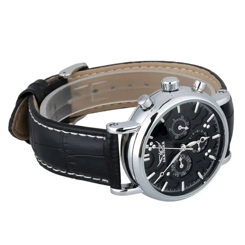 JARAGAR Automatic Mechanical Genuine Leather Strap Wrist Watch Luxury Gift For Men Fashion White Crystal Diamond Jewelry Accessories