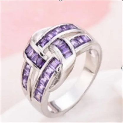 Princess Silvering Purple Amethyst Gemstone Birthstone Wedding Engagement Heart Ring