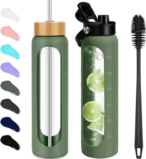 32 Oz Glass Water Bottles - 1 Liter Motivational Tumbler with Time Marker - Borosilicate Glass with Silicone Sleeve and 2 Lids, Handle Spout & Bamboo Straw Lid