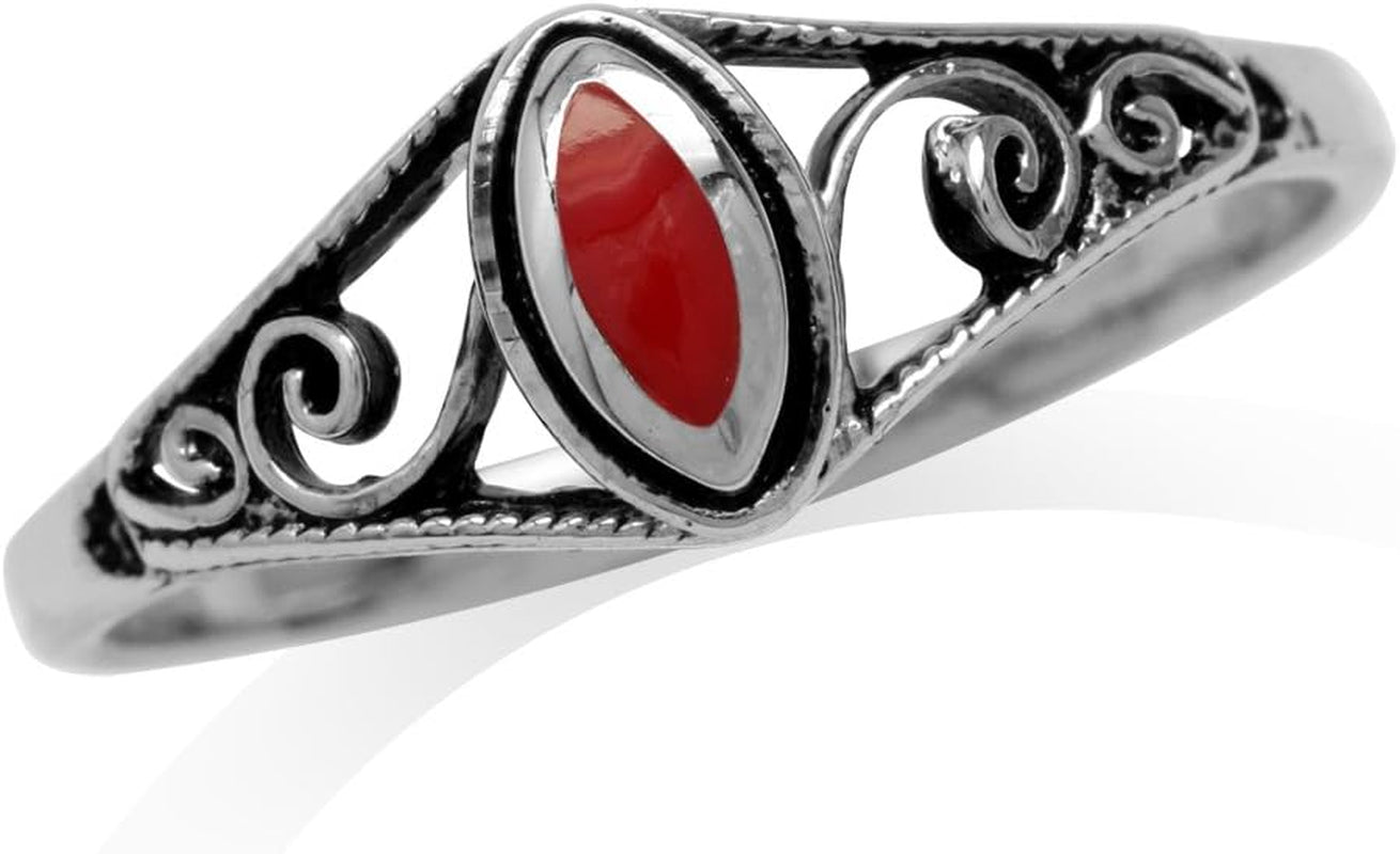 Petite Created Red Coral Inlay 925 Sterling Silver Filigree Swirl and Spiral Style Ring Size 5