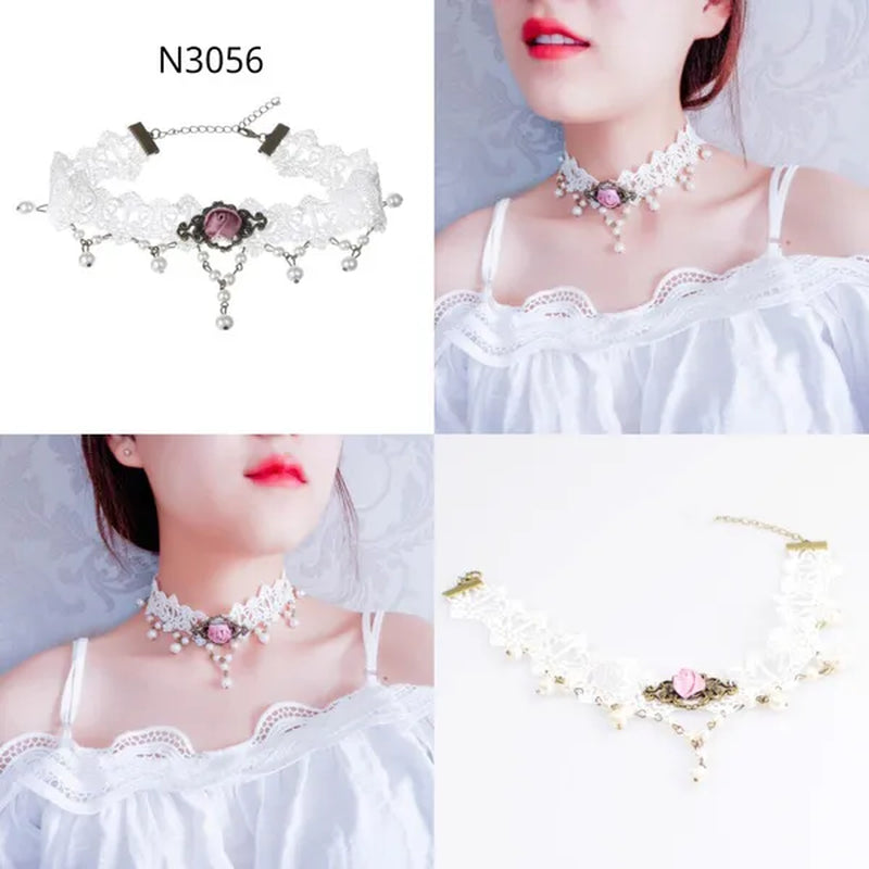 White Lace Necklace Chokers Black Collares Vintage Style Female Gothic Wedding Red Rose Crystal Diamond Pendant Collarbone Necklaces Chain Accessories for Women Girls - WORLD TIME VISITS