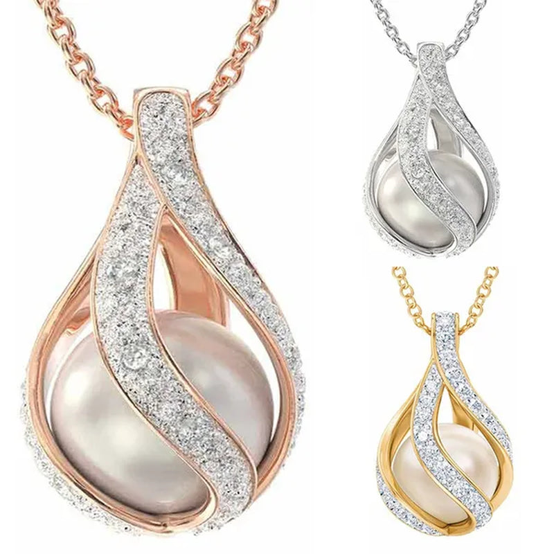 3 Colors Love's Embrace Pearl & Diamond Pendant ( Silver / Rose Gold / Gold )
