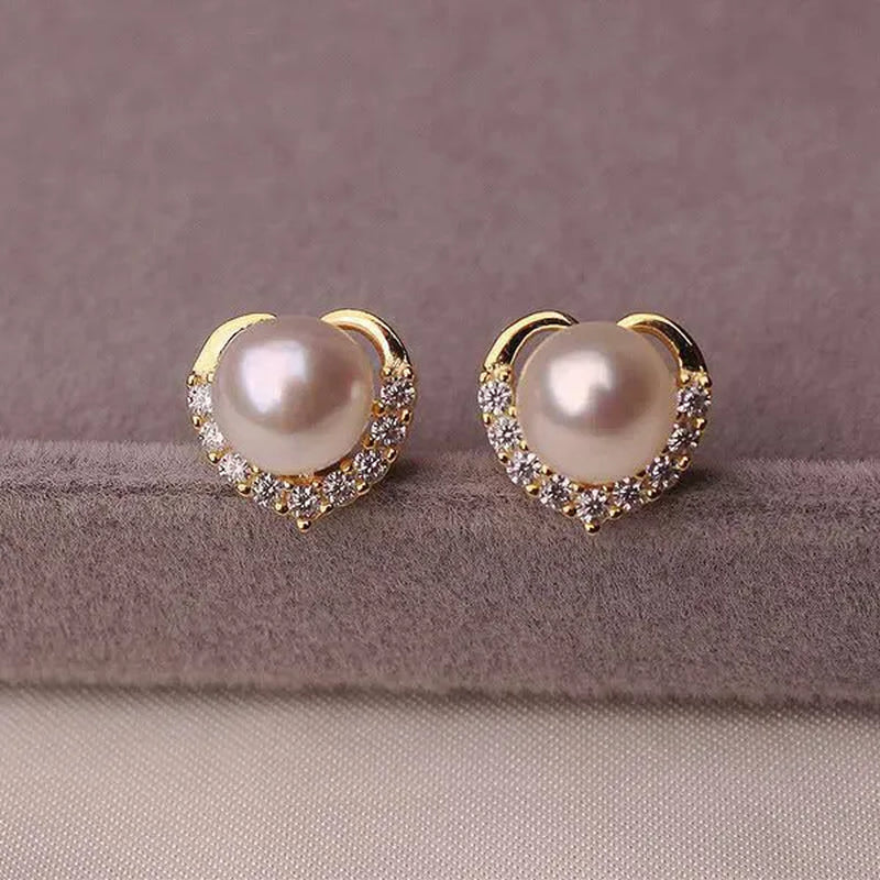 2021 Trendy Fashion Women'S S925 Silver Exquisite Pearl Heart-Shaped Diamond Crystal Earrings Prevent Allergy Jewelry