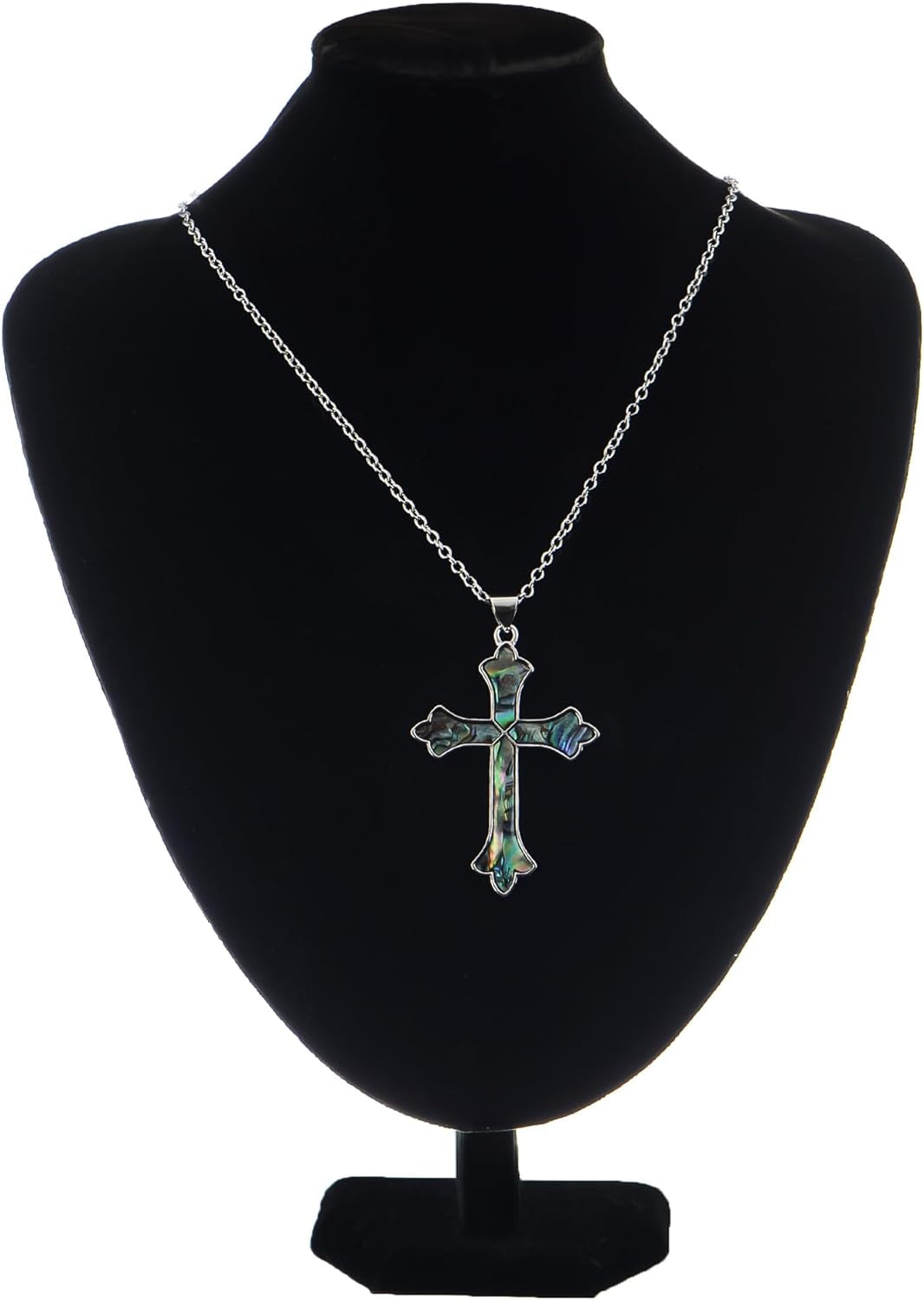 Vintage Inspired Silvery Tone Abalone Shell Religious Cross Pendant Necklace