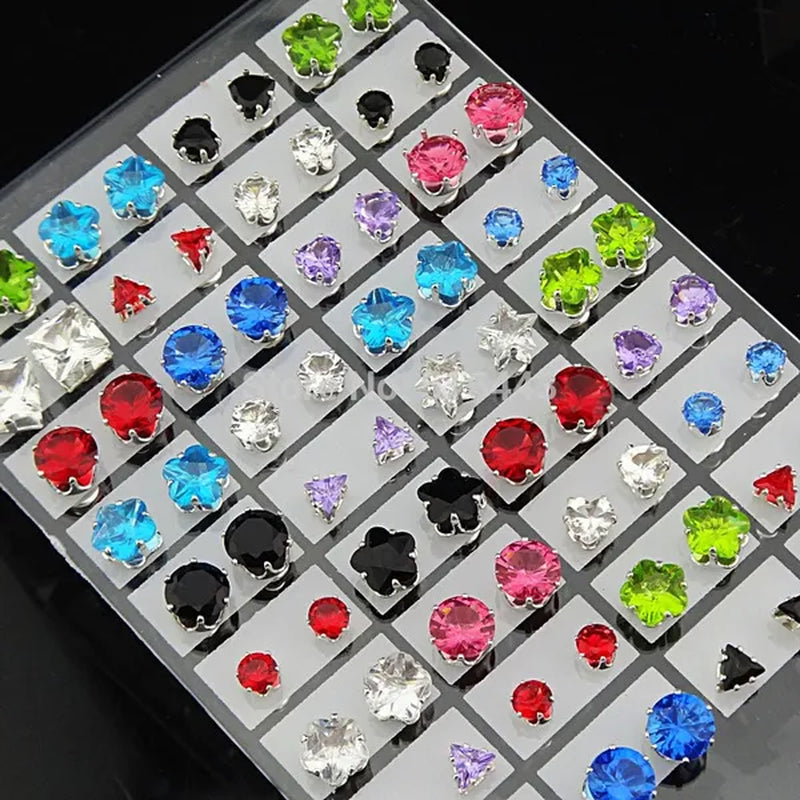 72Pcs (3M-7M)Mix Heart Stars round Square Cubic Zirconia Stainless Steel Fashion Stud Earrings for Womens Mens Wholesale Jewelry Lots A331