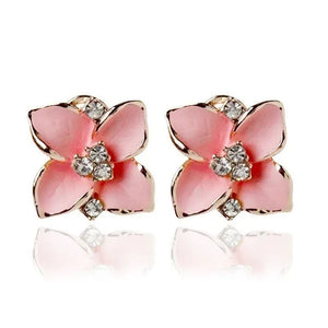18K Gold Plated White Crystal Colorful Enamel Leaves Flower Omega Back Earrings Stud Earrings for Women Ladies Girls Jewelry