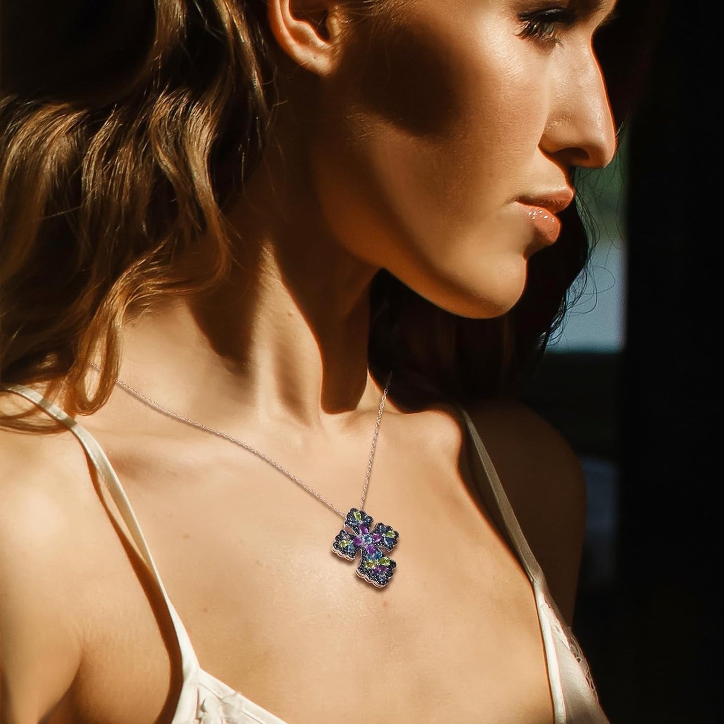 Cross Pendant Necklace for Women 925 Sterling Silver Natural Gemstone London Blue Topaz Peridot Amethyst Cross Jewelry