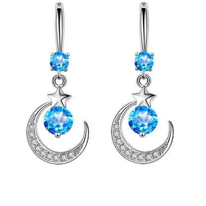 Female Fashion Star Moon Earrings Silver Plated Pink Blue White Cubic Zirconia Dangle Earrings Bride Wedding Engagement Anniversary Valentine'S Day Gift Jewelry