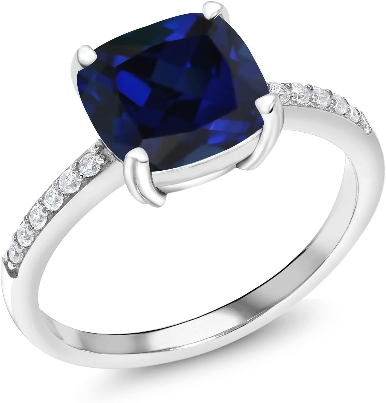 925 Sterling Silver Blue Created Sapphire Engagement Ring for Women (2.62 Cttw, Cushion Cut 8MM, Available in Size 5, 6, 7, 8, 9)