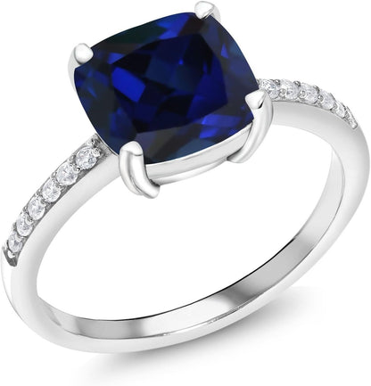 925 Sterling Silver Blue Created Sapphire Engagement Ring for Women (2.62 Cttw, Cushion Cut 8MM, Available in Size 5, 6, 7, 8, 9)