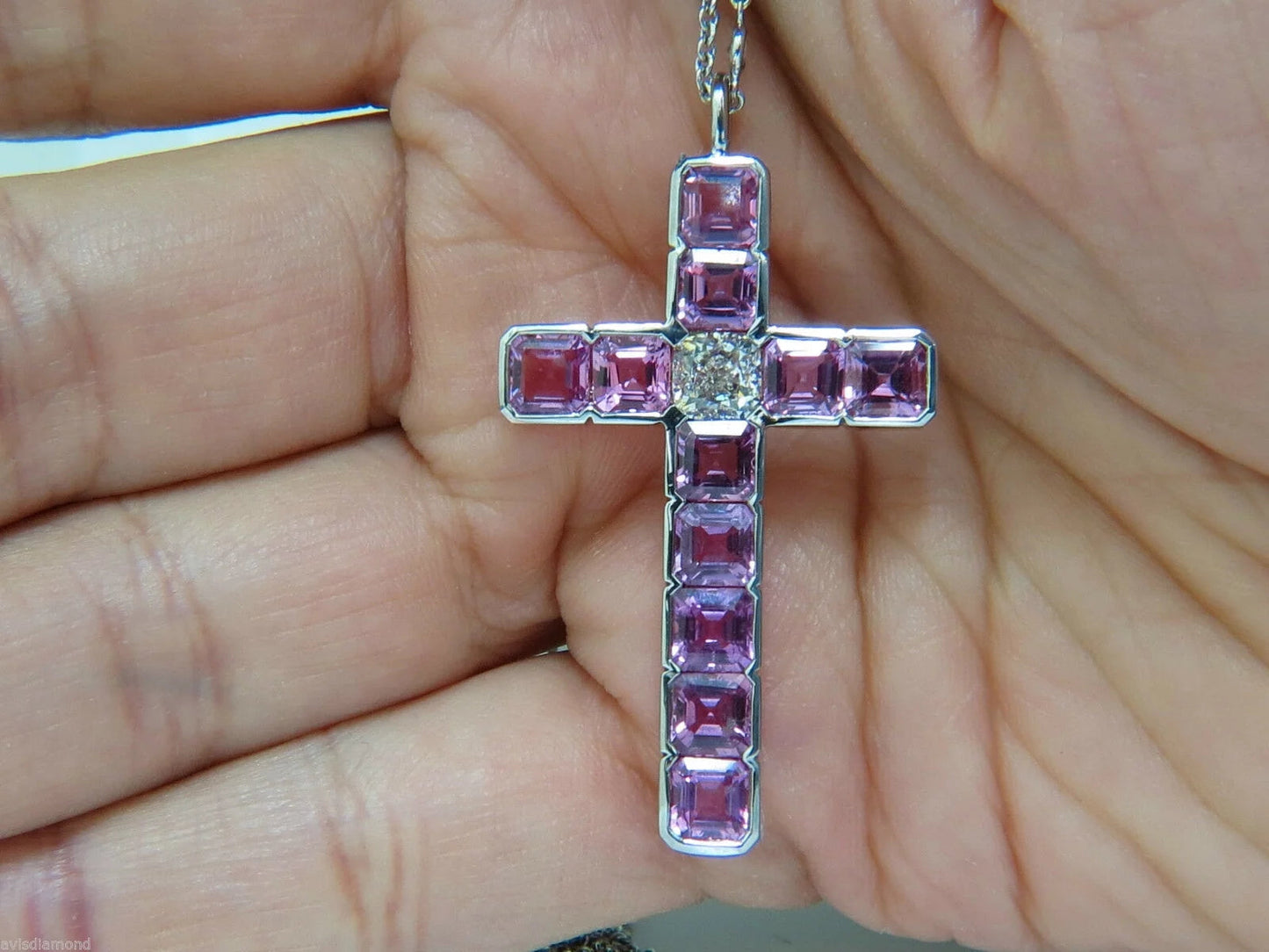18KT GIA 10.41CT NATURAL PINK SAPPHIRE DIAMOND CROSS PENDANT NECKLACE