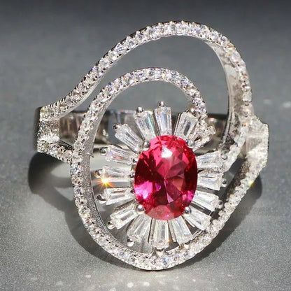 Gorgeous Silver Natural Gemstones Ruby Wedding Birthstone Bride Engagement Multilevel Oval Leaf Ring Jewelry Size 6 7 8 9 10