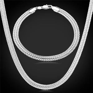 FASHION 925 Sterling Silver Men Party Jewelry Men's Foxtail Chain Necklace Bracelet Jewelry Set
