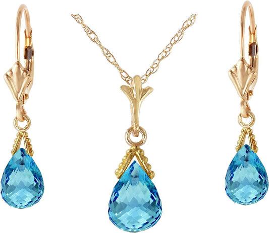 14K Solid Gold Jewelry Set: Natural Briolette Blue Topaz Pendant Necklace and Dangle Earrings