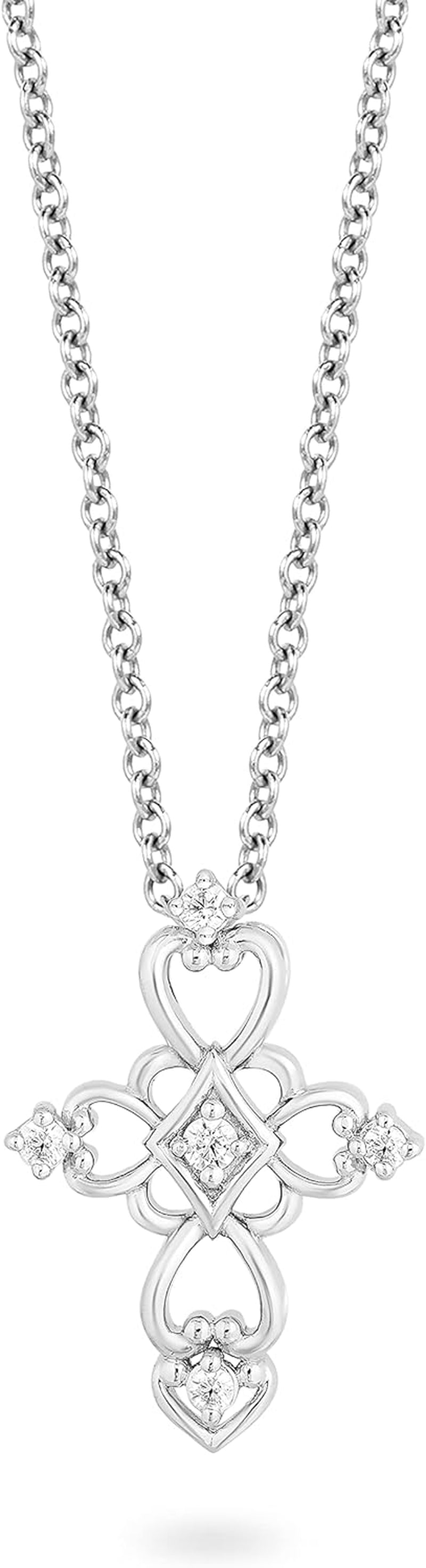 Hallmark Fine Jewelry Sterling Silver Natural White round Diamond Accent Filigree Romantic Cross Pendant Necklace, 18" Cable Chain