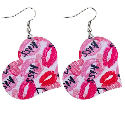 Europe and America 2021 New Valentine'S Day Leather Heart-Shaped Love Red Lips Double-Sided Printing PU Earrings
