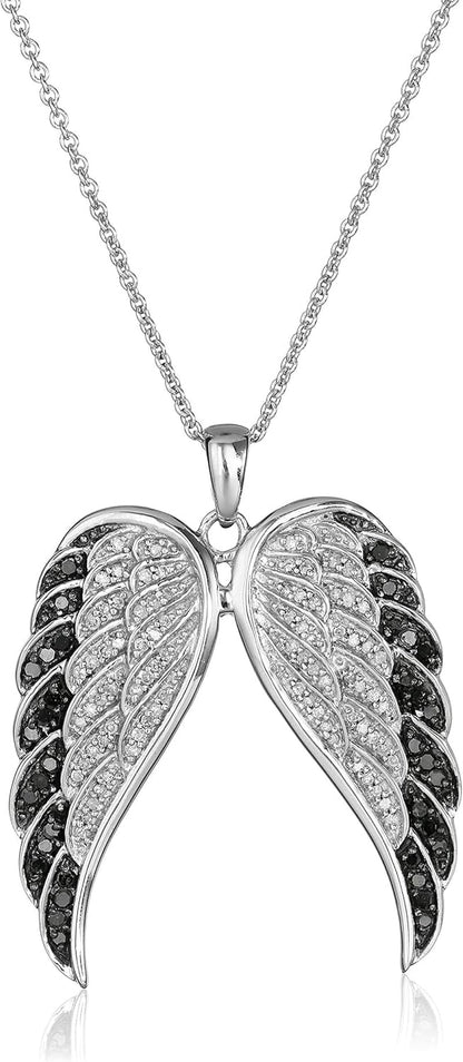 Sterling Silver Black and White Diamond Angel Wings Pendant Necklace (1/2 Cttw), 18" (Previously Amazon Collection)